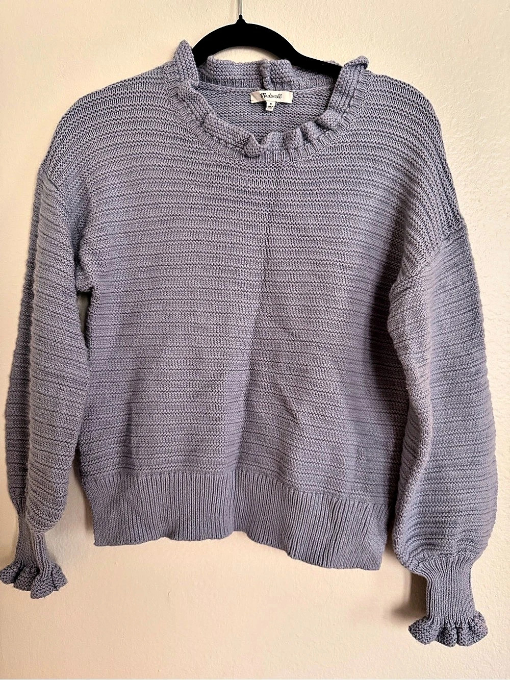 Madewell Ruffle-Neck Pullover Sweater in Cotton-Merino Yarn Purple Medium